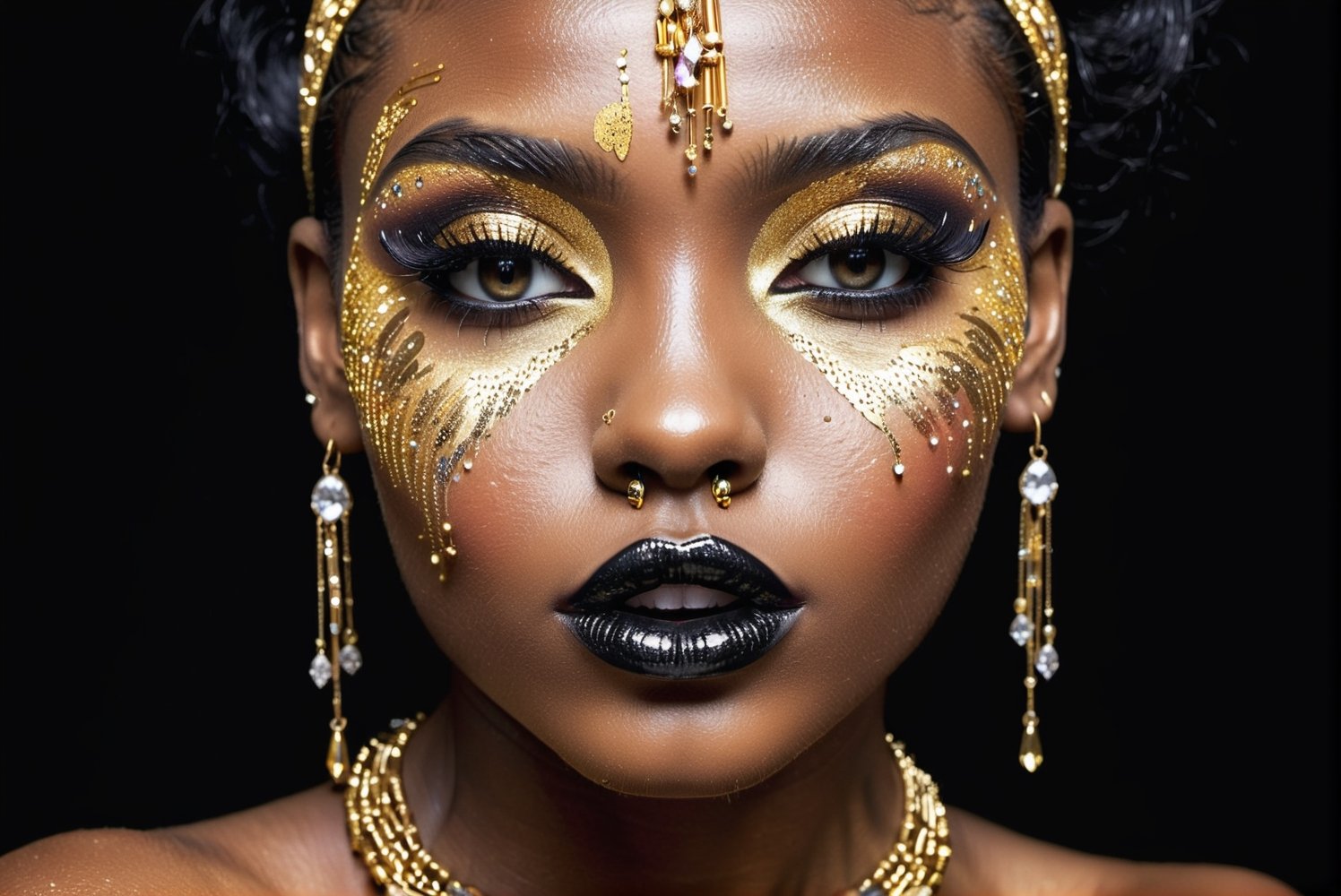 closeup face portrait of a black skinned woman, long eyelashes, nose piercing, dripping liquid gold from face, diamonds gemstone on skin, black matted lips, colorful eye shadow, finger on the lips, gold glitter applicartions on face, dark background, ,DonML1quidG0ldXL 