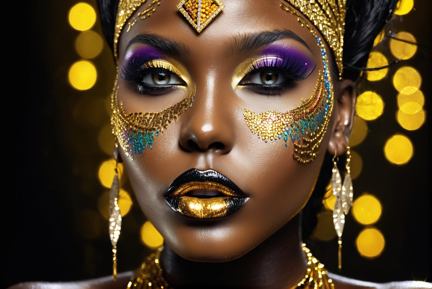 closeup face portrait of a black skinned woman, long eyelashes, nose piercing, dripping liquid gold from face, diamonds gemstone on skin, black matted lips, colorful eye shadow, gold glitter applicartions on face, dark background, ,DonML1quidG0ldXL 