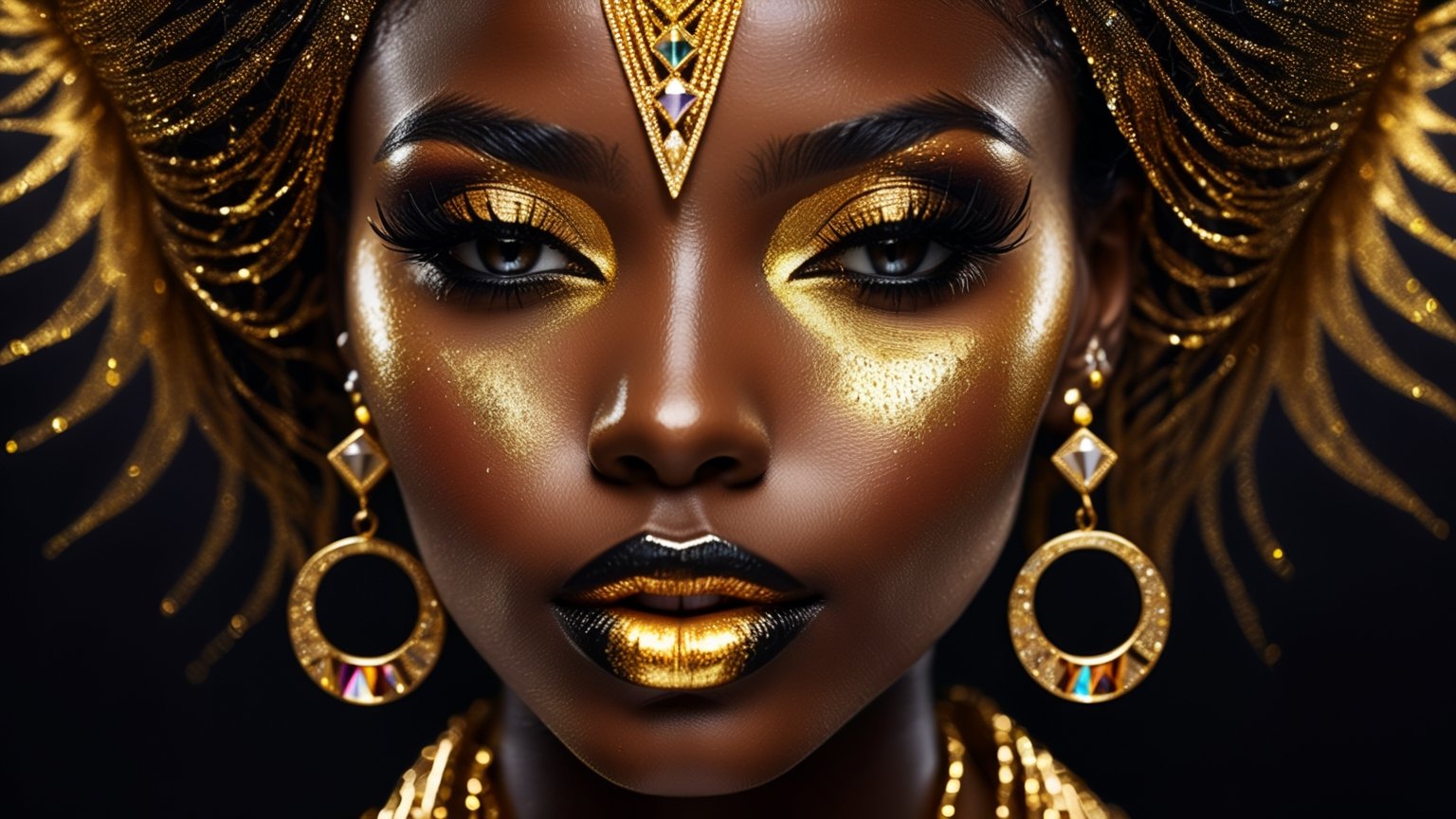 closeup face portrait of a black skinned woman 30 yo, small nose, long eyelashes, nose piercing, dripping liquid gold from face, diamonds gemstone on skin, black matted lips, colorful eye shadow, gold glitter applicartions on face, dark background,  symetrical geometry , ,DonML1quidG0ldXL 