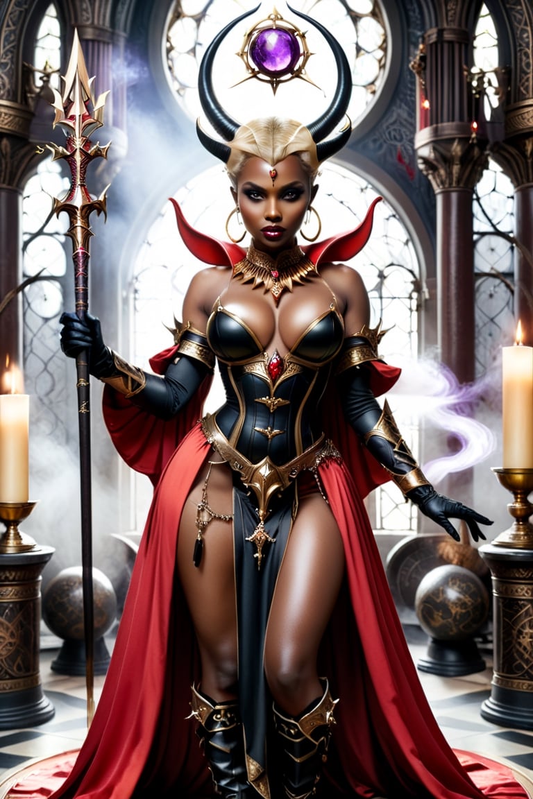 high detailed masterpiece nsfw, golden ratio, nude succubus Maleficent witch, nude black skinned african woman, slim body, wasp wait body, blonde hair, her top is wide open exposing naked breast,  enhanced fake rounded breasts 32DD, nipples visible, breasts out, push up, realistic nipples, erected nipples, perky nipples,shaved pussy, exposed vagina, 
waering a red ornamentic gown dress with a big collar, , long dress, metall corset open bust, armor boots, bangle, gloves, holding a spear, succubus horn headpiece, inside of a fantasy temple palace, throne room, legend of the cryprtids style, 
dark fantasy background,eyes shoot,more detail XL,style,breasts, ,More Detail, ,A girl dancing 