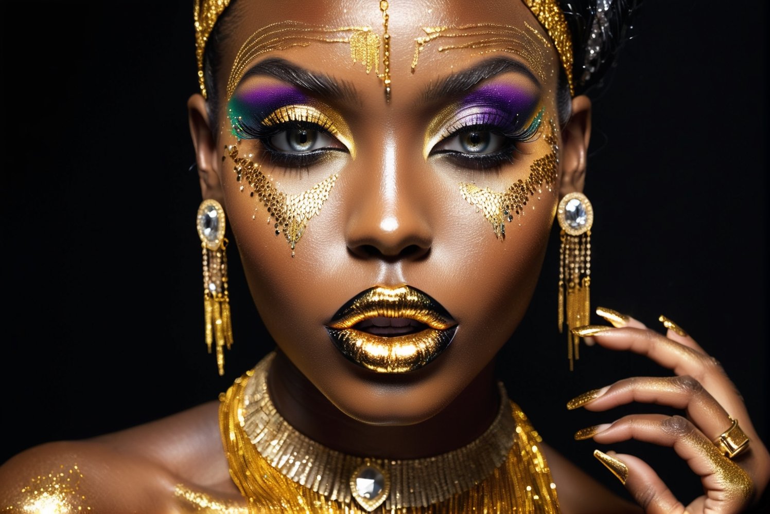 closeup face portrait of a black skinned woman, long eyelashes, nose piercing, dripping liquid gold from face, diamonds gemstone on skin, black matted lips, colorful eye shadow, finger on the lips, gold glitter applicartions on face, dark background, ,DonML1quidG0ldXL 