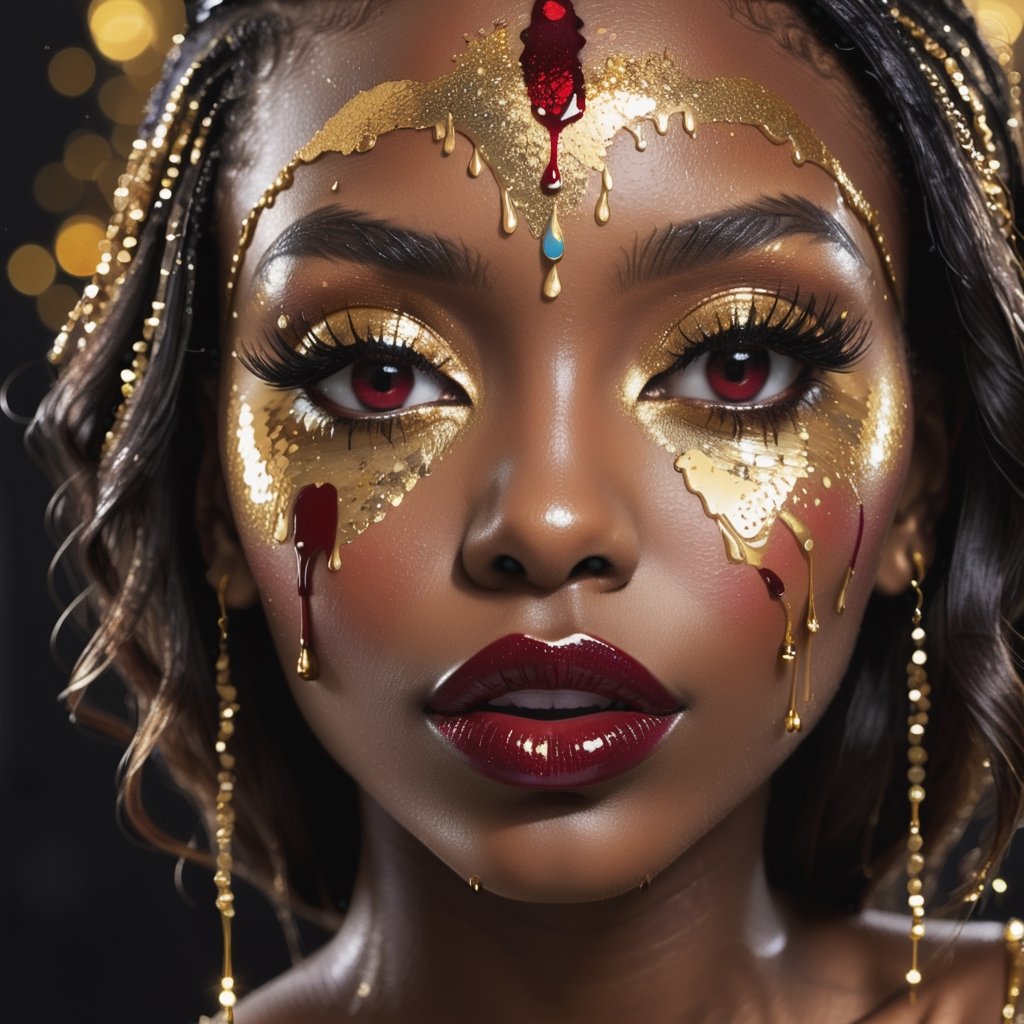closeup face portrait of a black skinned woman, long eyelashes, dripping liquid gold from face, wine red lips, colorful eye shadow, finger on the lips, gold glitter applicartions on face, dark background, ,DonML1quidG0ldXL 