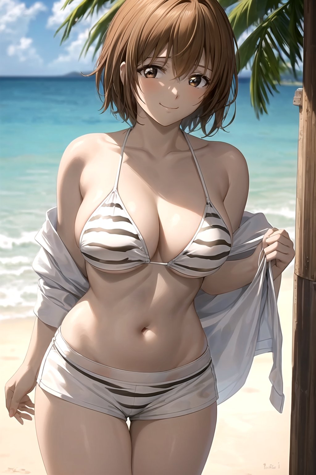 masterpiece, best aesthetic, best quality, ultra detailed, mao_miko, (large breasts:1.2), (wide hips:1.2), doax_nixie, (white bikini, striped bikini, animal print:1.3), halterneck, (white shorts, short shorts, striped shorts:1.3), cowboy shot, looking_at_viewer, outdoors, beach, (smile, closed mouth:1.2)