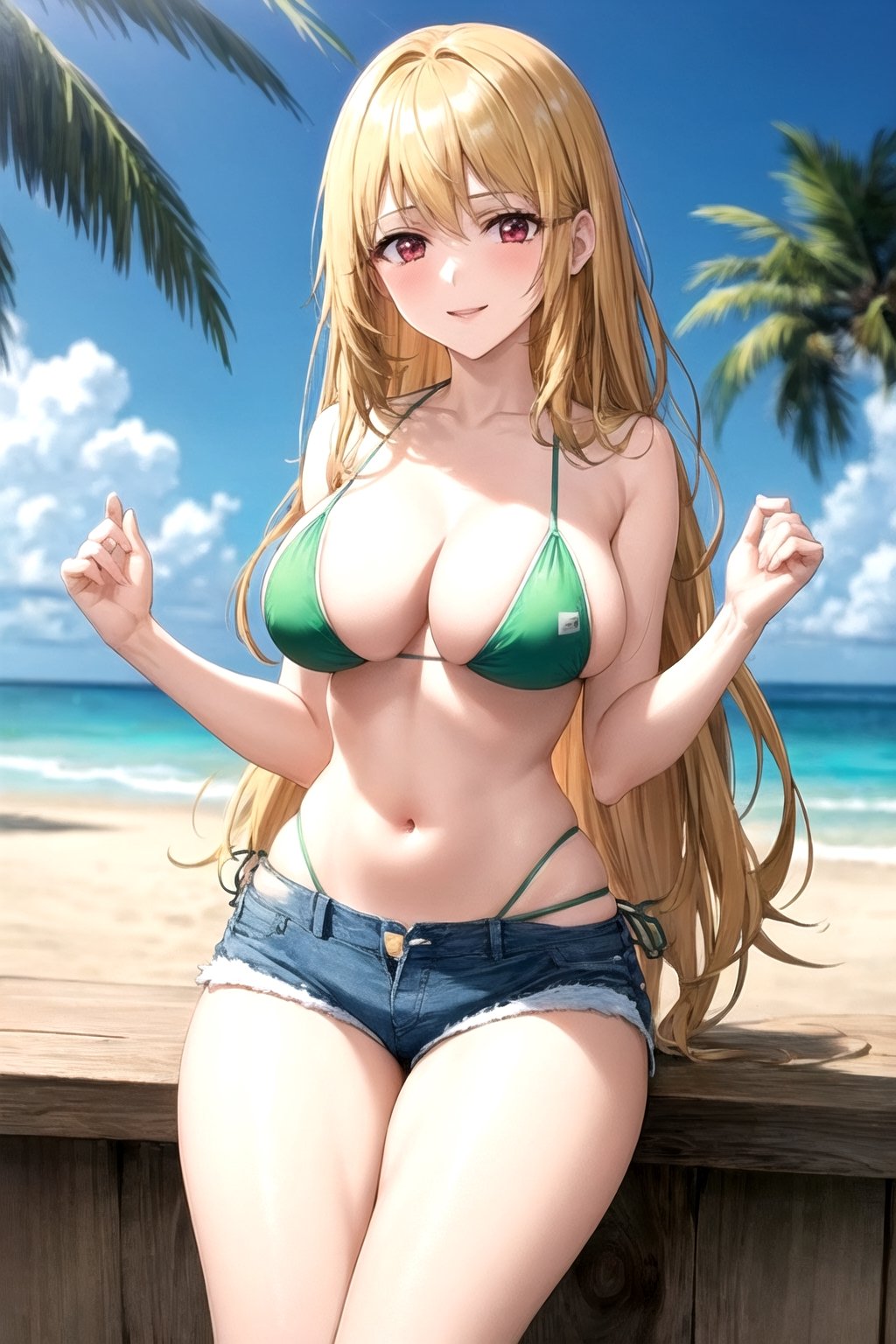 masterpiece, best quality, best aesthetic, anime, ultra detailed,
valkyrie_leia, 1girl, solo, reiovabikini, (green bikini, string bikini, micro bikini, highleg:1.3), (blue shorts, denim shorts, short shorts:1.3), (large breasts, wide hips:1.3), (long hair, blond hair:1.2), red eyes, (smile, closed mouth:1.2), cowboy shot, looking at viewer, outdoors, beach, palm tree