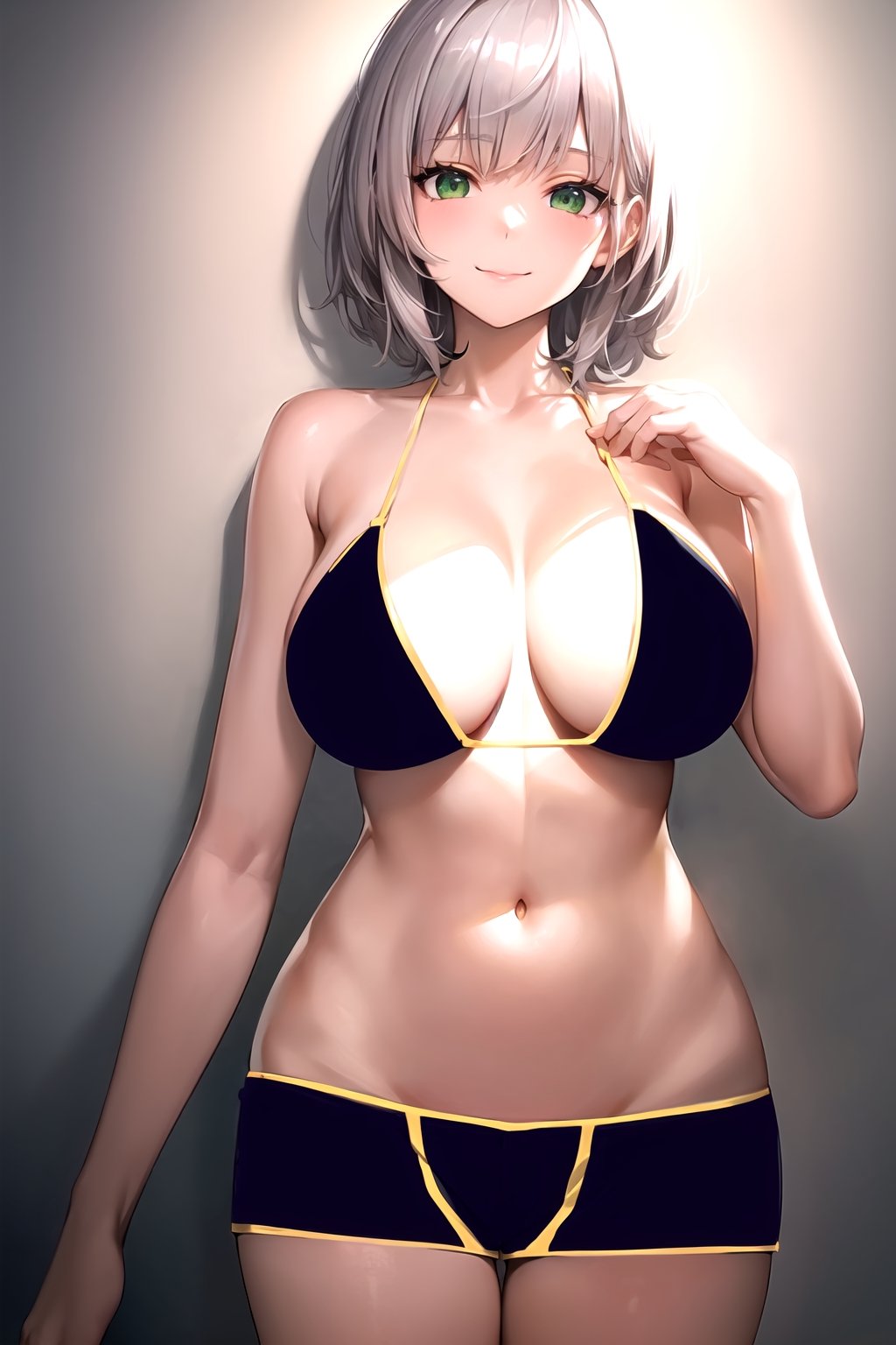 masterpiece, best quality, best aesthetic, anime, ultra detailed, bbnoel, 1girl, (gray hair, short hair:1.2), green eyes, hand_on_chest, cowboy shot, standing, straight-on, front view, looking_at_viewer, (smile, closed_mouth:1.2), (navy blue bikini top:1.2), (navy blue shorts, short shorts, boyshorts:1.3), (yellow trimming:1.3), (large breasts:1.2), (wide hips:1.2), bedroom, gray background