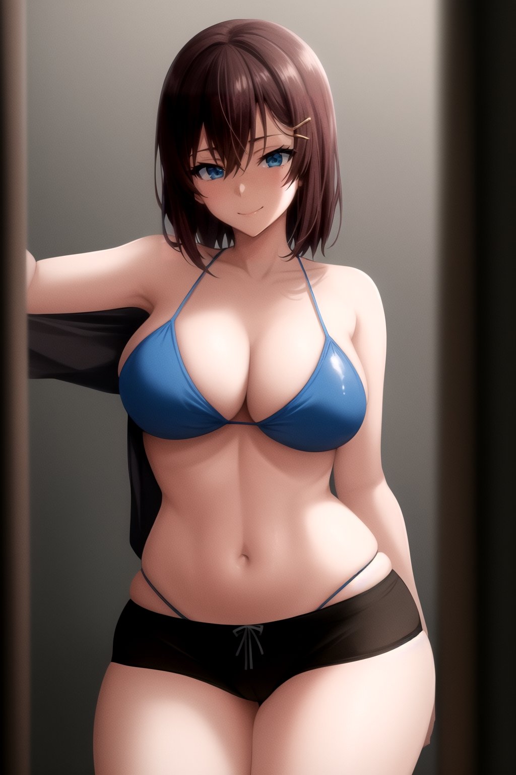 masterpiece, best quality, best aesthetic, anime, ultra detailed, nanao akane, 1girl, (short brown hair:1.15763), blue eyes, large breasts, wide hips, thick thighs, long legs, (blue bikini top:1.15763), (cleavage:1.15763), (black boyshorts:1.15763), (black shorts:1.15763), (short shorts:1.15763), (midriff:1.15763), (groin:1.15763), bedroom setting, seductive smile, closed mouth, seduction, cowboy shot, 4k, absurdres, very detailed girl, amazing detail, dark gray background