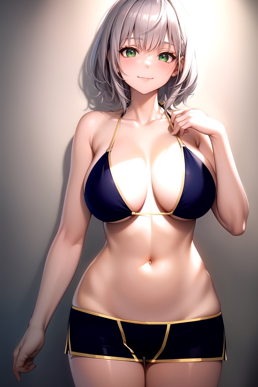 masterpiece, best quality, best aesthetic, anime, ultra detailed, bbnoel, 1girl, (gray hair, short hair:1.2), green eyes, hand_on_chest, cowboy shot, standing, straight-on, front view, looking_at_viewer, (smile, closed_mouth:1.2), (navy blue bikini top:1.2), (navy blue shorts, short shorts, boyshorts:1.3), (yellow trimming:1.3), (large breasts:1.2), (wide hips:1.2), bedroom, gray background