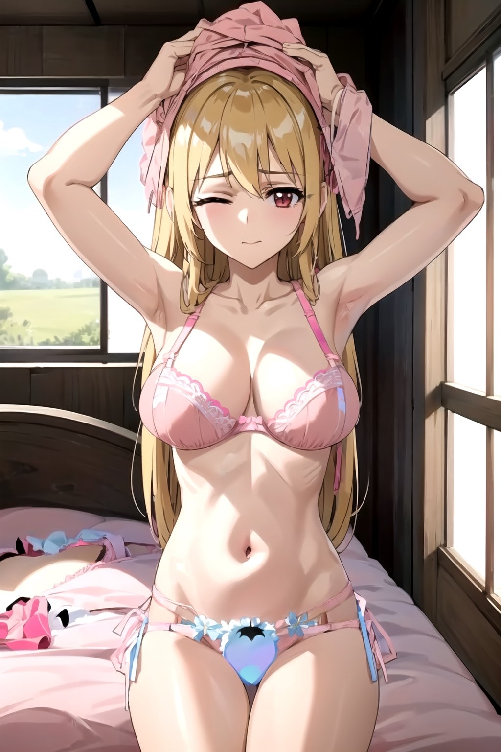 masterpiece, best quality, best aesthetic, anime, ultra detailed,
valkyrie_leia, 1girl, solo, (pink bra:1.2), (pink panties, string panties:1:2), (large breasts, wide hips:1.3), (long hair, blond hair:1.2), (closed mouth:1.2), (red eyes, one eye closed:1.2), (arms up:1.2), cowboy shot, seiza, on bed, looking at viewer, indoors, bedroom, (window:1.1), (sunlight:1.2)