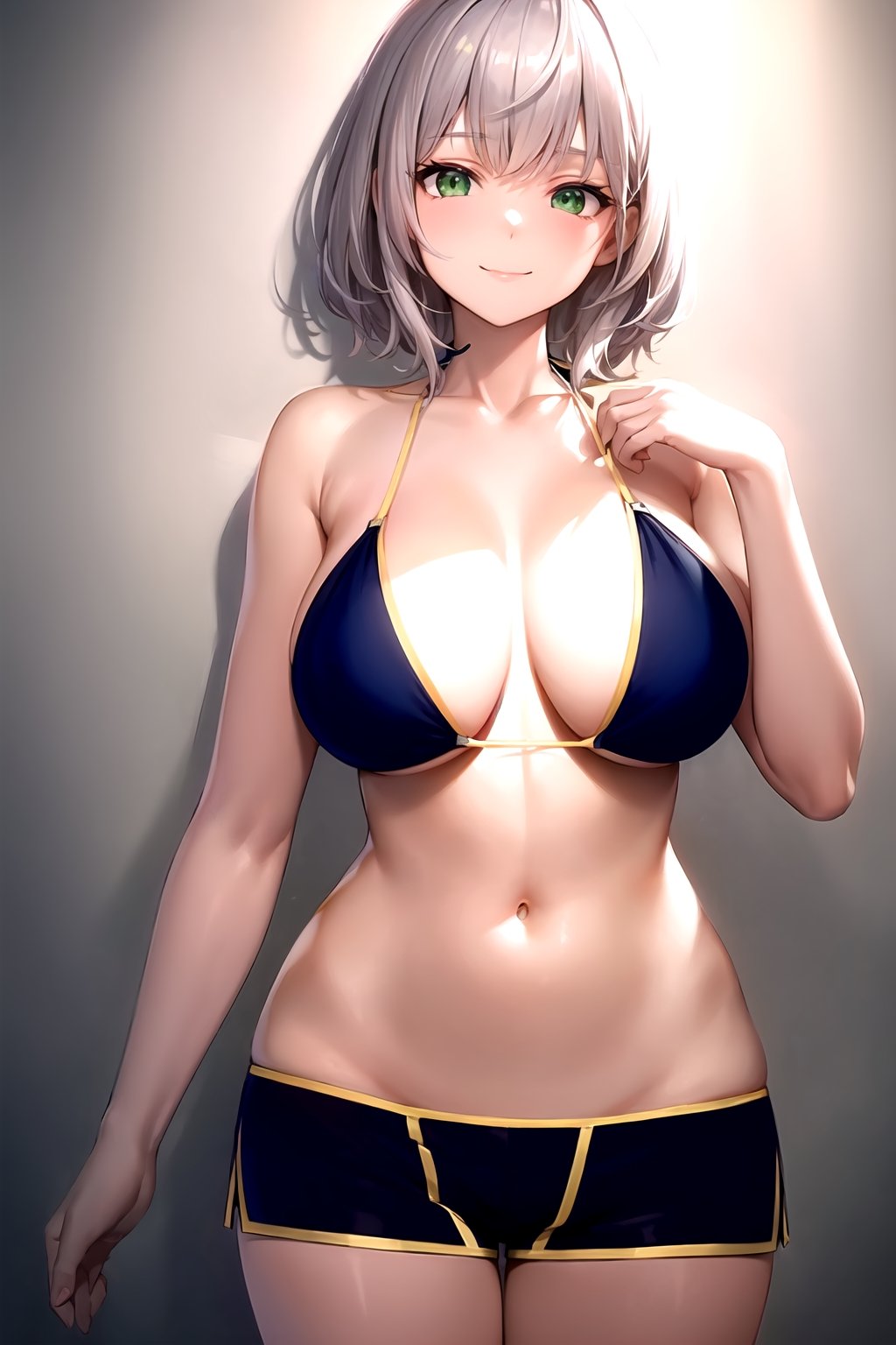 masterpiece, best quality, best aesthetic, anime, ultra detailed, bbnoel, 1girl, (gray hair, short hair:1.2), green eyes, hand_on_chest, cowboy shot, standing, straight-on, front view, looking_at_viewer, (smile, closed_mouth:1.2), (navy blue bikini top:1.2), (navy blue shorts, short shorts, boyshorts:1.3), (yellow trimming:1.3), (large breasts:1.2), (wide hips:1.2), bedroom, gray background