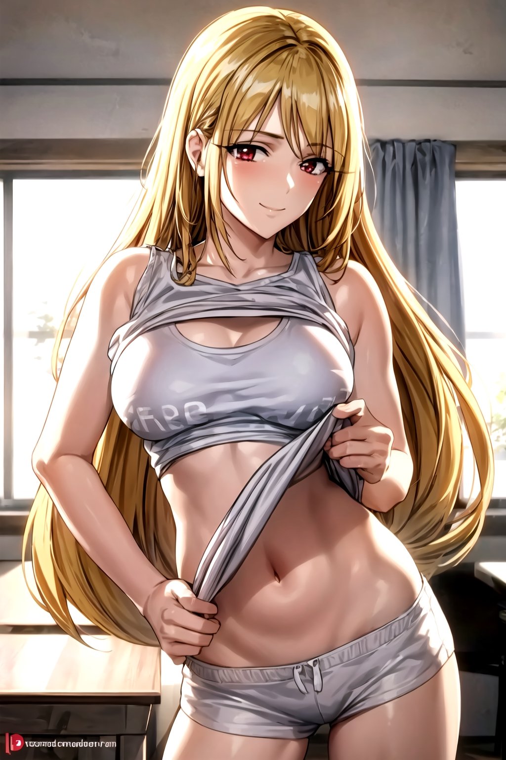 masterpiece, best quality, best aesthetic, anime, ultra detailed,
valkyrie_leia, 1girl, solo, (white shorts, short shorts:1.2), (white tank top:1.2), (shirt lift:1.2), midriff, (large breasts:1.2), wide hips:1.3), (long hair, blond hair:1.2), red eyes, (smile, closed mouth:1.2), cowboy shot, looking at viewer, indoors, living room, hotel room