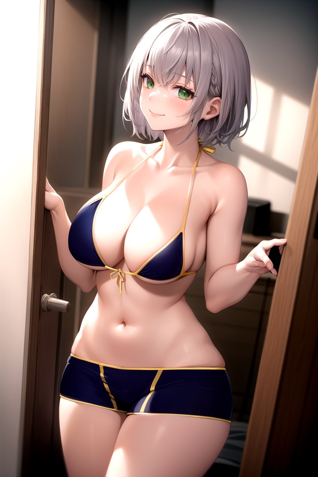 masterpiece, best quality, best aesthetic, anime, ultra detailed, bbnoel, 1girl, (gray hair, short hair:1.2), green eyes, cowboy shot, standing, straight-on, front view, looking_at_viewer, (smile, closed_mouth:1.2), (navy blue bikini top:1.2), (navy blue shorts, short shorts, boyshorts:1.3), (yellow trimming:1.3), (large breasts:1.2), (wide hips:1.2), bedroom, gray background