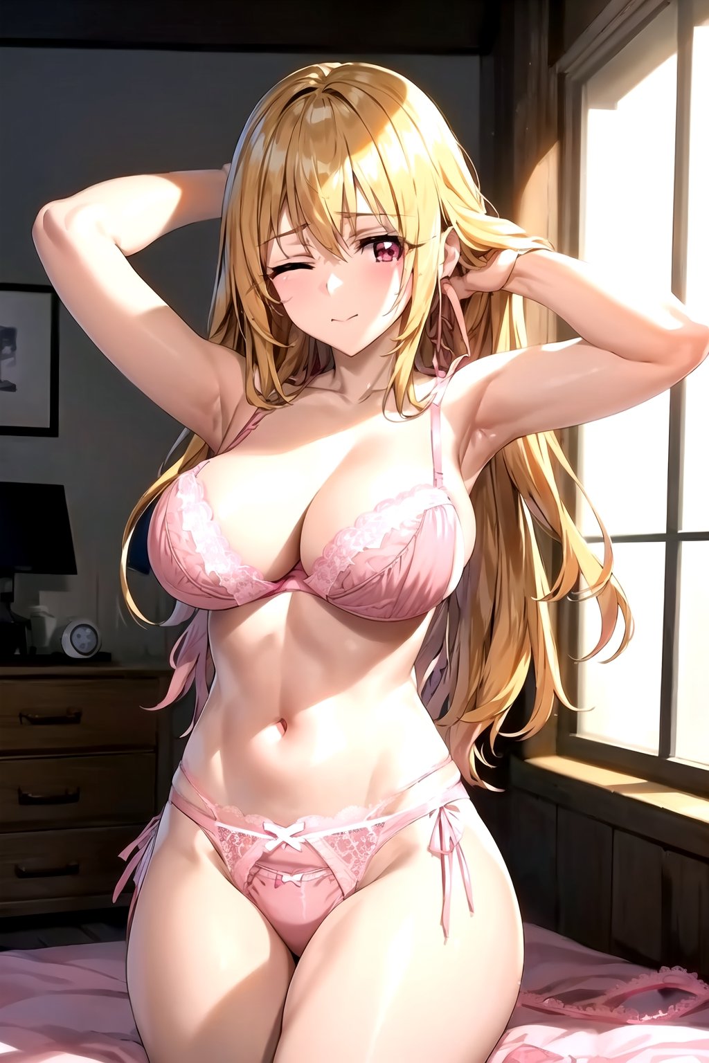 masterpiece, best quality, best aesthetic, anime, ultra detailed,
valkyrie_leia, 1girl, solo, (pink bra:1.2), (pink panties, string panties, lace panties:1:2), (large breasts, wide hips:1.3), (long hair, blond hair:1.2), (closed mouth:1.2), (red eyes, one eye closed:1.2), (arms up:1.2), cowboy shot, seiza, on bed, looking at viewer, indoors, bedroom, (window:1.1), (sunlight:1.2)