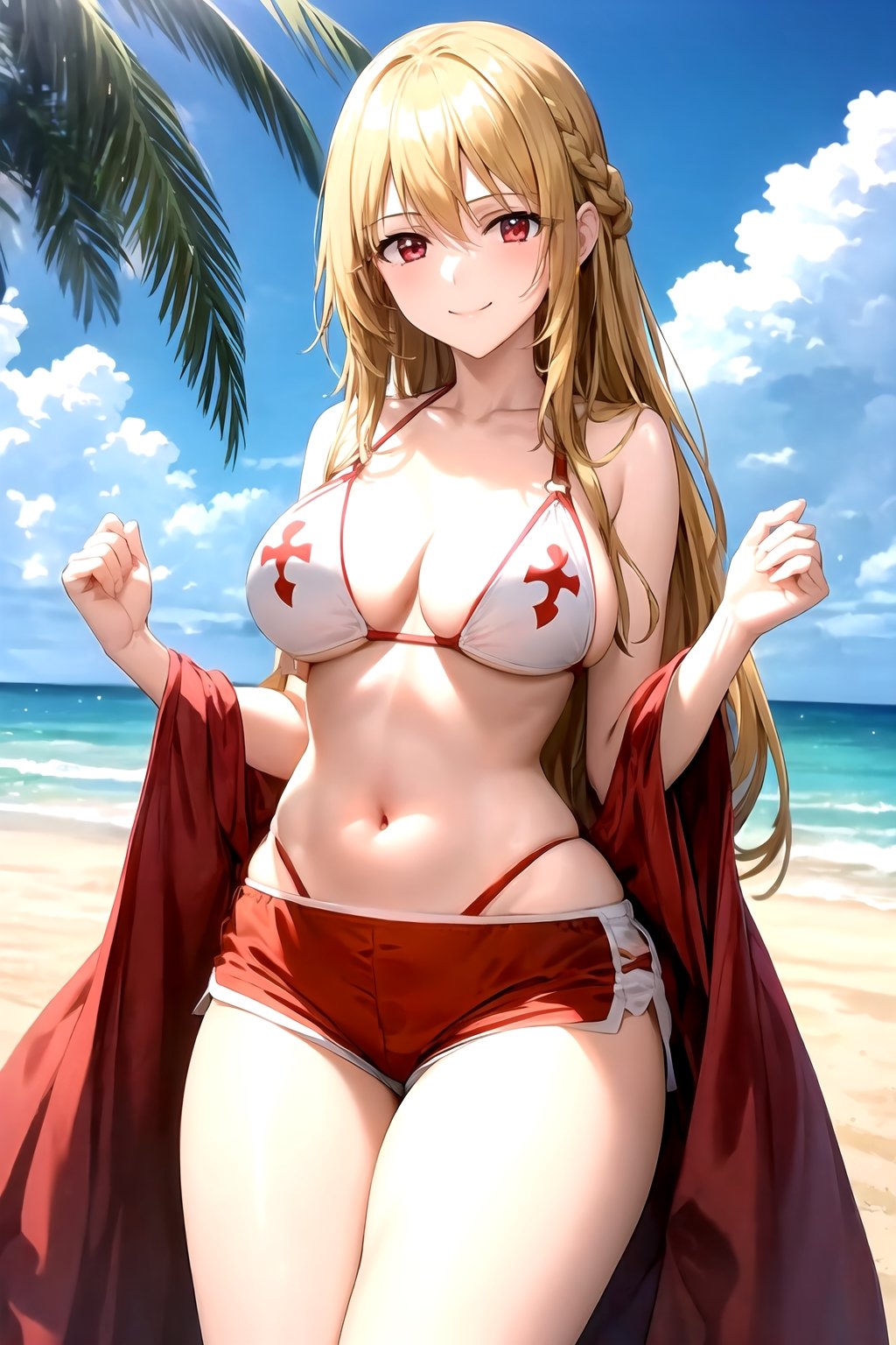 masterpiece, best quality, best aesthetic, anime, ultra detailed,
valkyrie_leia, 1girl, solo, no10-asuna, (white bikini, red trimming, o-ring, highleg:1.2), cleavage, halterneck, panties under shorts, (red,white shorts, short shorts:1.2), (large breasts, wide hips:1.3), (long hair, blond hair:1.2), red eyes, (smile, closed mouth:1.2), cowboy shot, looking at viewer, outdoors, beach, palm tree