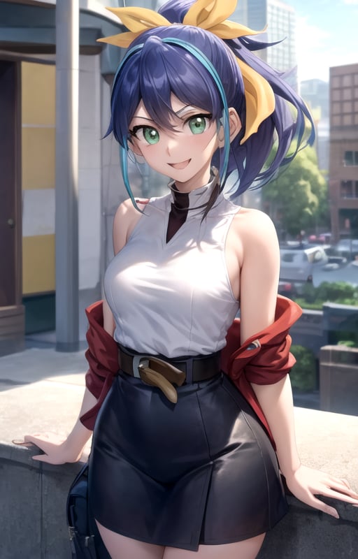 masterpiece, best quality, best aesthetic, anime,
1girl, solo, serena_arc_v, 14-year old girl, (medium breasts:1.2), (wide hips:1.2), (hair bow, yellow ribbon:1.2), (ponytail:1.2), (serena_lancer:1.2), (red jacket:1.3), (white skirt:1.3), brown belt, (black shirt, white neck:1.3), standing, (cowboy_shot:1.2), looking at viewer, (arms at sides:1.2), against_wall, outdoors, (smile, closed mouth:1.2), city