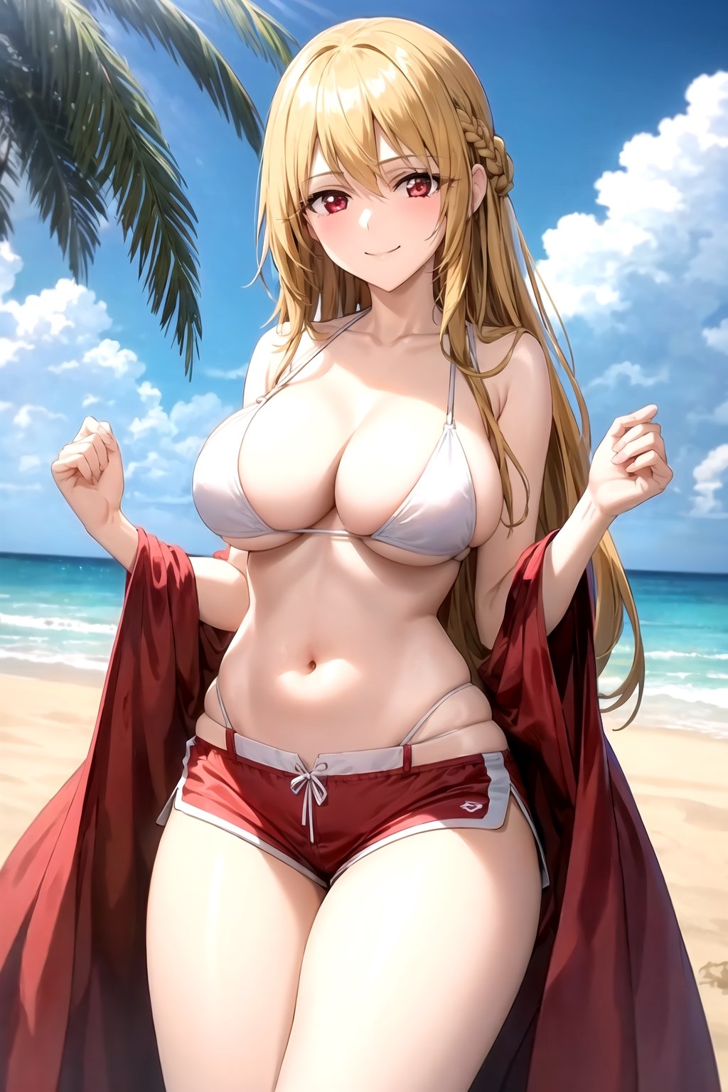 masterpiece, best quality, best aesthetic, anime, ultra detailed,
valkyrie_leia, 1girl, solo, no10-asuna, (white bikini, red trimming, o-ring, highleg:1.2), cleavage, halterneck, panties under shorts, (red,white shorts, short shorts:1.2), (large breasts, wide hips:1.3), (long hair, blond hair:1.2), red eyes, (smile, closed mouth:1.2), cowboy shot, looking at viewer, outdoors, beach, palm tree