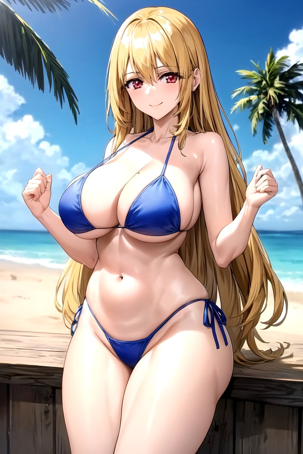 masterpiece, best quality, best aesthetic, anime, ultra detailed,
valkyrie_leia, 1girl, solo, (blue bikini, string bikini:1.2), highleg bikini, (large breasts, wide hips:1.3), (long hair, blond hair:1.2), red eyes, (smile, closed mouth:1.2), cowboy shot, looking at viewer, outdoors, beach, palm tree