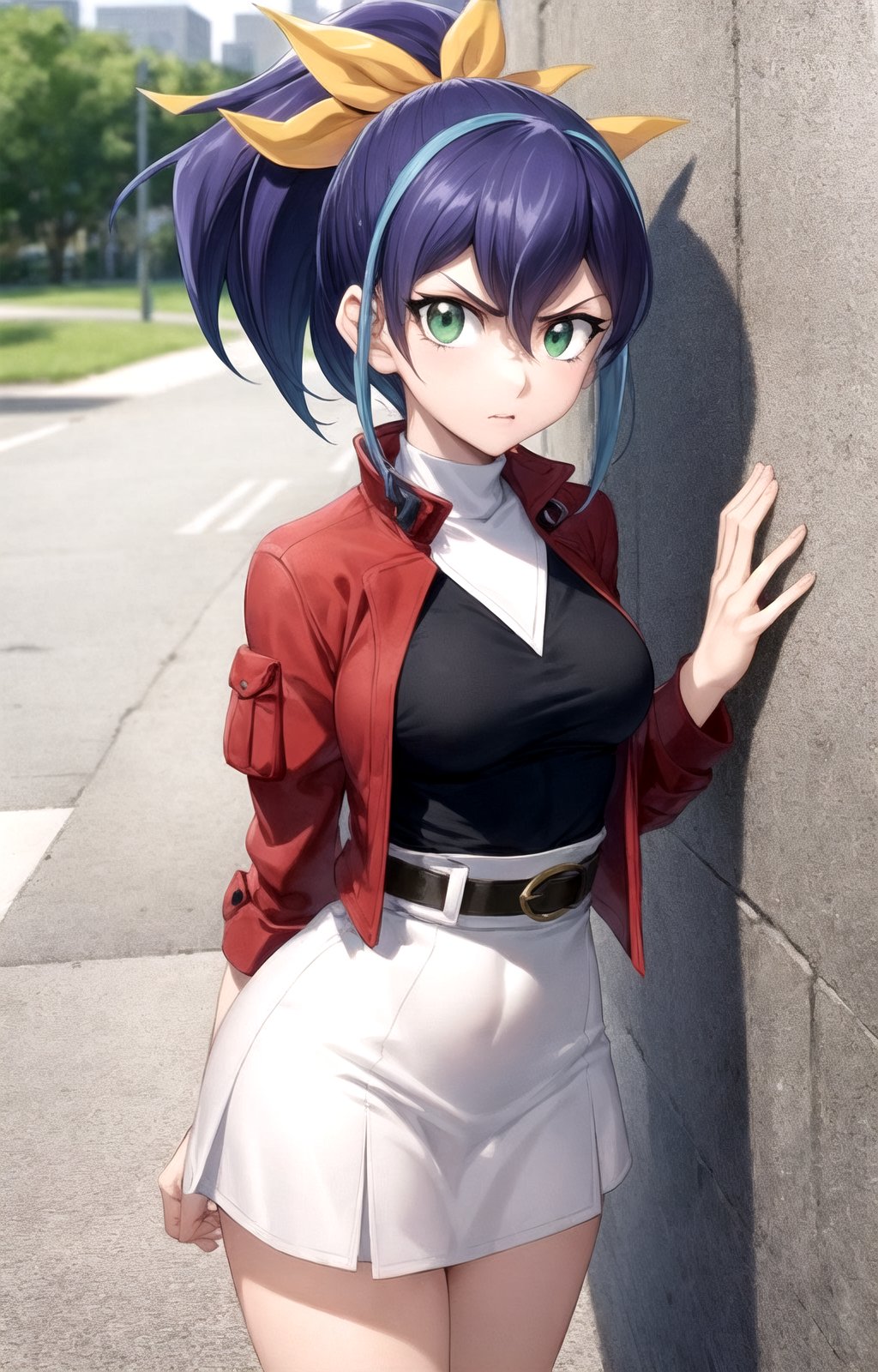 masterpiece, best quality, best aesthetic, anime,
1girl, solo, (serena_arc_v), 14-year old girl, (medium breasts:1.2), (wide hips:1.2), (hair bow, yellow ribbon:1.2), (ponytail:1.2), (serena_lancer:1.2), (red jacket,white skirt:1.2), brown belt, (black shirt, white neck:1.2), standing, (cowboy_shot:1.2), looking at viewer, (crossed arms:1.2), against_wall, outdoors, (serious:1.2), city