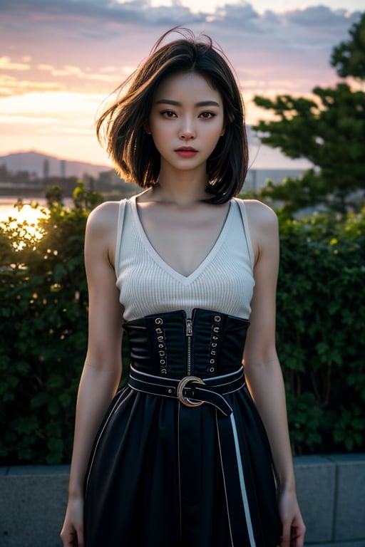 ultra high res, (RAW photo, photorealistic:1.4), (waist shot:1.6), perfect anatomy, ideal ratio body proportions, detailed face, detailed eyes, detailed hands, detailed fingers, detailed waist, (1girl:1.4), 20yo, symmetrical eyes, looking at viewer, wearing trendy cloth, dynamic pose, outdoor, (dramatic lighting:1.2), (8k, masterpiece, best quality:1.4)