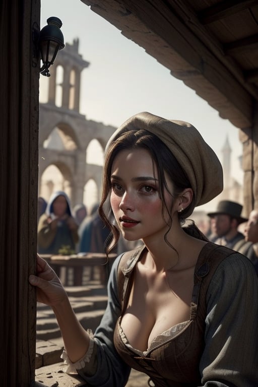 Realistic natural light 8k detailed best quality warm light ancient medieval tavern prostitute dressed in period clothing, beautiful sexy face subjective look surrounded by drunken minstrels ((parishioners))