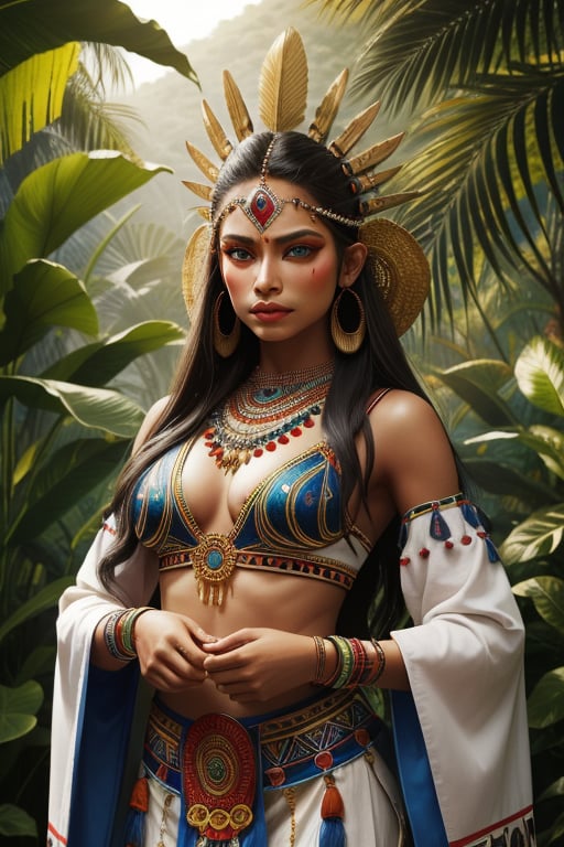 natural light detailed realistic aztec woman warrior goddess beautiful colorful ritual costumes in the jungle you can see an azreca pyramid and more aztecs working