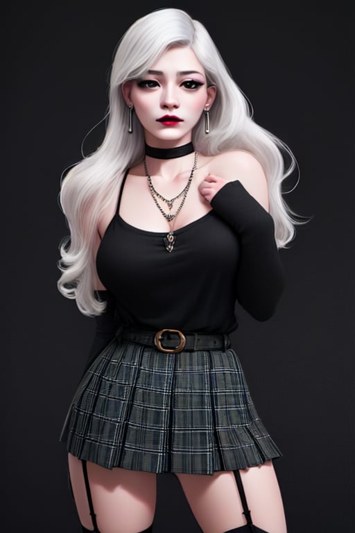 1 girl, (emmo) with a miniskirt with pleated flared plaid wearing garters black and white shirt in a sensual attitude hates the world and her parents black lips
 fleshy necklaces earrings beautiful (perfect face)(((realistic))) ((super realistic))