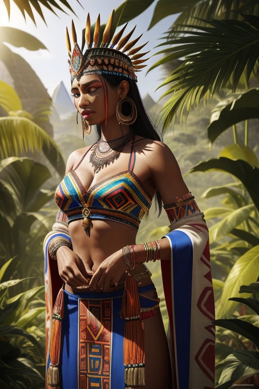 natural light detailed realistic aztec woman warrior goddess beautiful colorful ritual costumes in the jungle you can see an azreca pyramid and more aztecs working