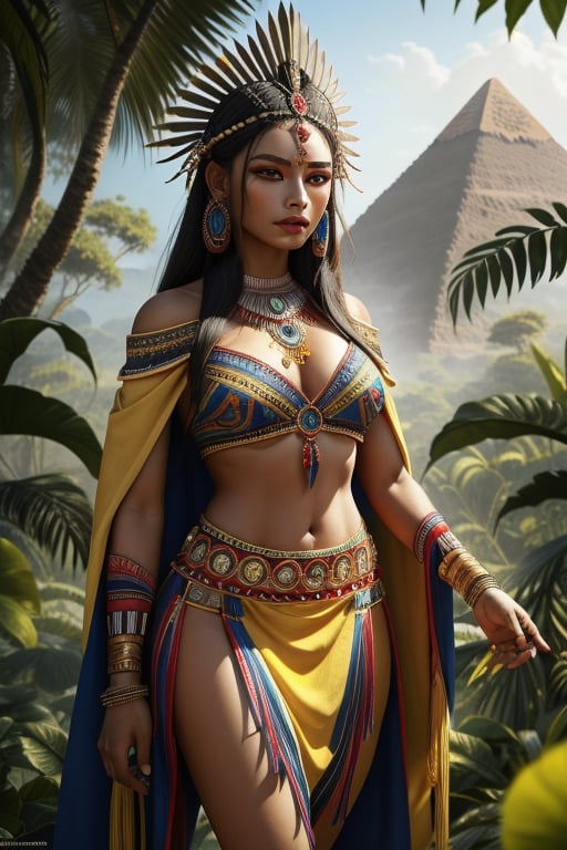 natural light detailed realistic aztec woman warrior goddess beautiful colorful ritual costumes in the jungle you can see an azreca pyramid and more aztecs working