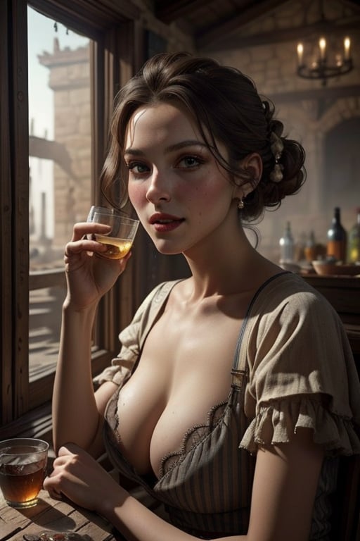 Realistic natural light 8k detailed best quality warm light ancient medieval tavern prostitute dressed in period clothing, beautiful sexy face subjective look surrounded by drunken minstrels parishioners