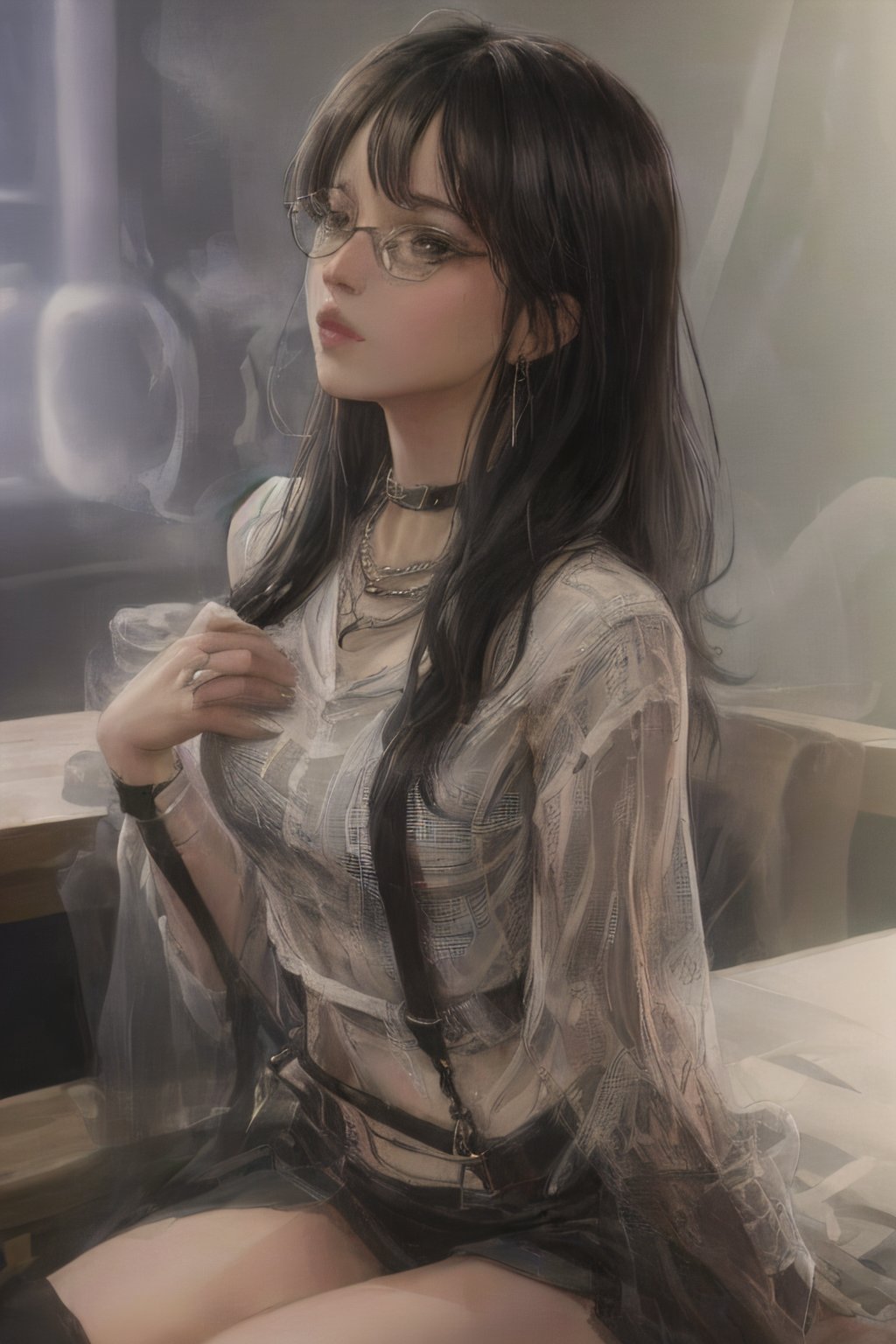 1 girl, (emmo)
 with (((black glasses)))wearing a red and black miniskirt with (((tabled))) red and black plaid with suspenders black and white shirt in a sensual attitude hates the world and her parents (((black lips))) wavy black hair
 fleshy piercings necklaces earrings beautiful (perfect face)(((realistic))) ((super realistic))