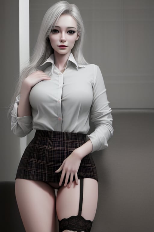 1 girl, (emmo) with a plaid miniskirt wearing a garter black and white shirt in a sensual beautiful acticud (perfect face) (((realistic))) ((super realistic))