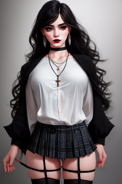 1 girl, (emmo) with miniskirt with pleated flared plaid wearing garters black and white shirt in sensual attitude hates the world and her parents black lips wavy black hair
 fleshy necklaces earrings beautiful (perfect face)(((realistic))) ((super realistic))