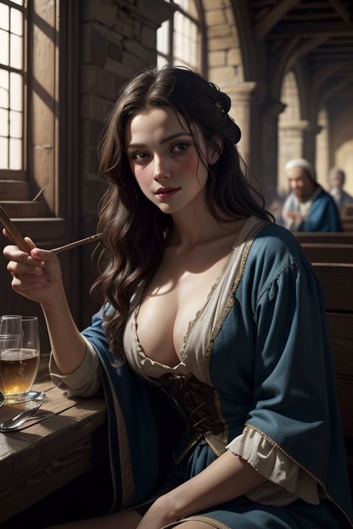 Realistic natural light 8k detailed best quality warm light ancient medieval tavern prostitute dressed in period clothing, beautiful sexy face subjective look surrounded by drunken minstrels ((parishioners))