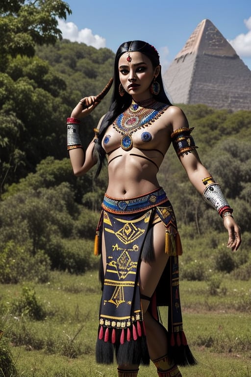 natural light detailed realistic aztec woman warrior goddess beautiful colorful ritual costumes in the jungle you can see an azreca pyramid and more aztecs working