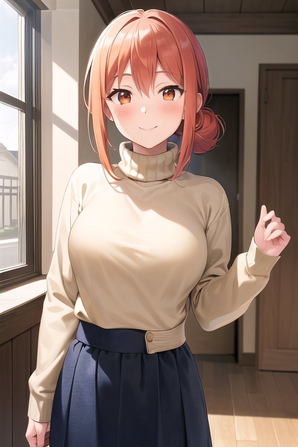 (masterpiece, best quality:1.4), looking at viewer, cowboy shot, smile, blush, mrs yuigahama, orange hair, hair bun, turtleneck sweater, long skirt, house, indoors, 