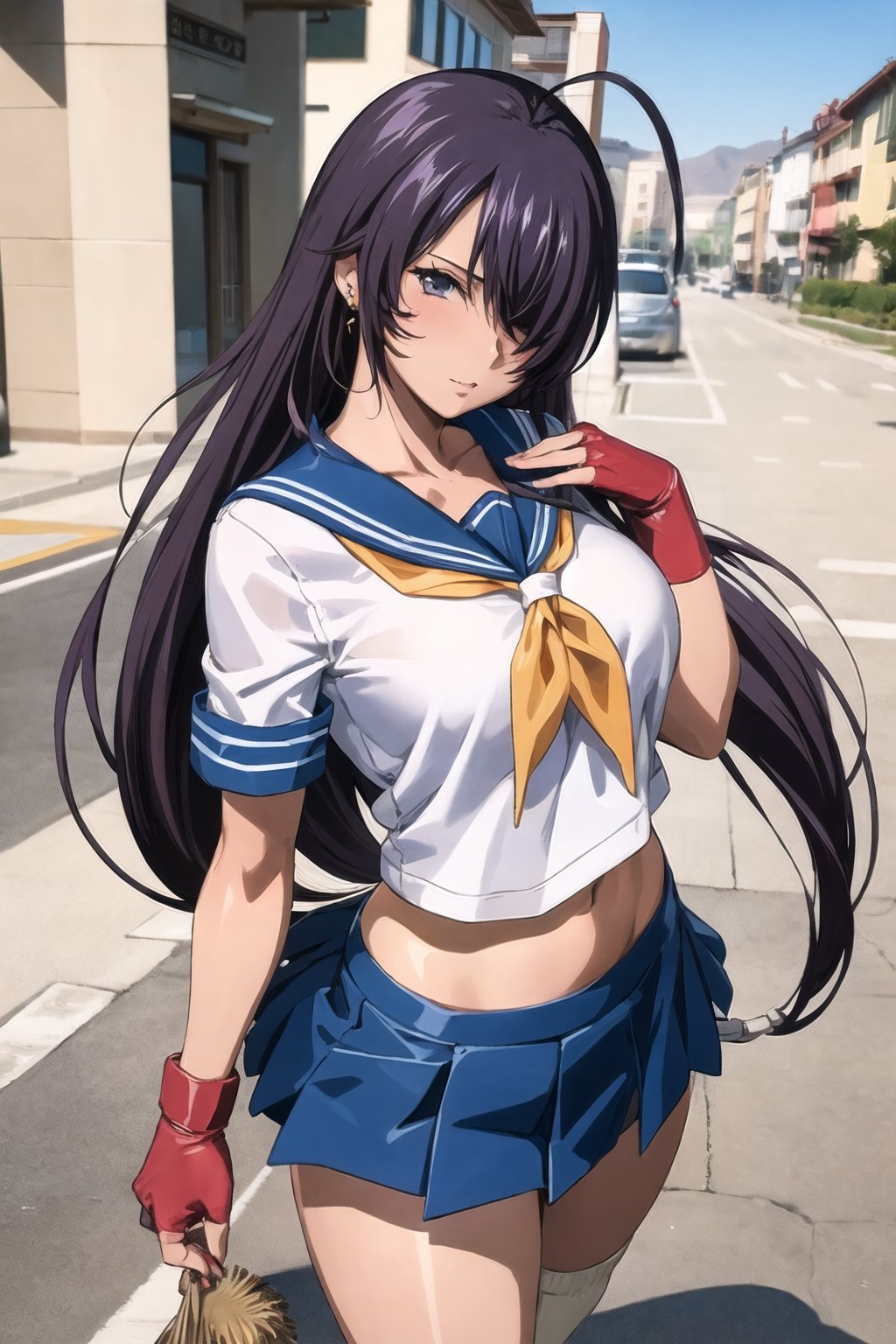 ((masterpiece,best quality, detailed)), 1girl, solo, outdoors, serious, kanu unchou, fingerless gloves, serafuku, midriff, loose socks, pleated skirt, yellow neckerchief, earrings, low-tied long hair, hair over one eye, loafers,large breasts, looking at viewer,(perfect hands:1.3),cowboy shot