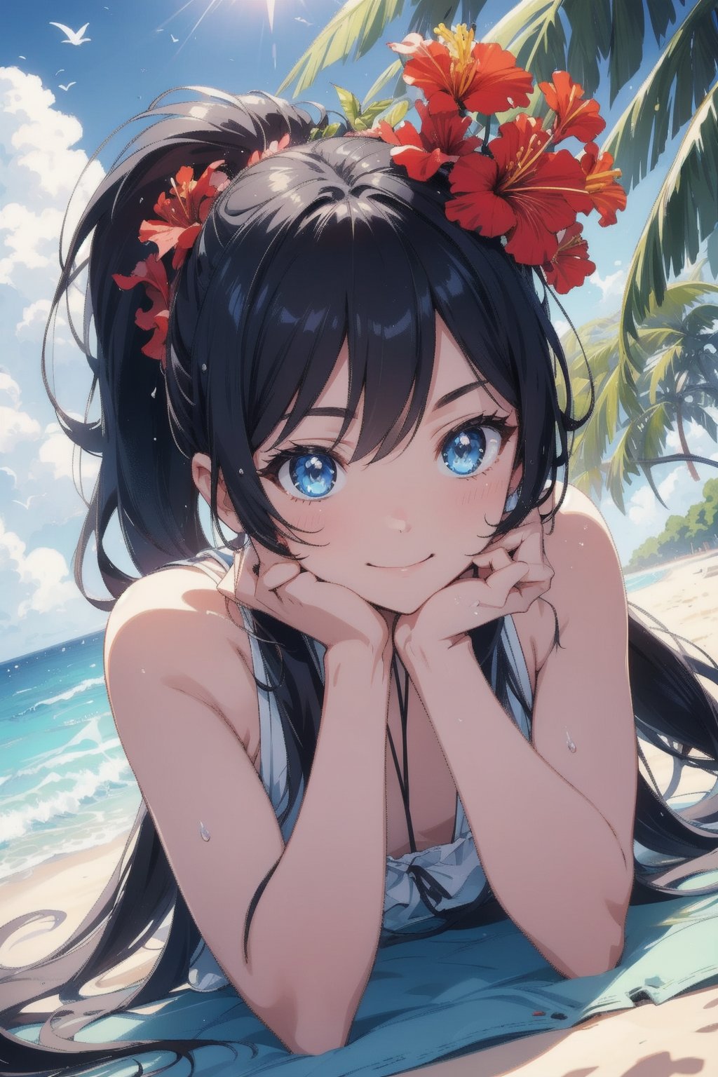 anime style beautiful woman, 1girl, (ponytail), black hair, (long hair), (smile), (beach), (outdoor, blue sky, beautiful fantasy tropics, sweet smile, vivid color, sunshine, flowers, hibiscus, scenery, Beautiful Beach)),  
Slender, skinny, (turime), thick eyebrows, 
((lying down, wet)),
vibrant colors, sharp focus, best quality, depth of field, cinematic lighting, (illustration, 8k CG, extremely detailed), ultra-detailed, high resolution, firefliesfireflies, perfect light, 
stylish pose, 8k, very clear, highest quality, high resolution. best quality, illustration, sax blue, 1girl, cute, (dynamic lighting:1.2), cinematic lighting, delicate facial features, detailed eyes, sharp pupils, realistic pupils, depth of field, bokeh, sharp focus, (hyper-detailed, bloom, glow:1.4), many small gems,Beautiful Beach