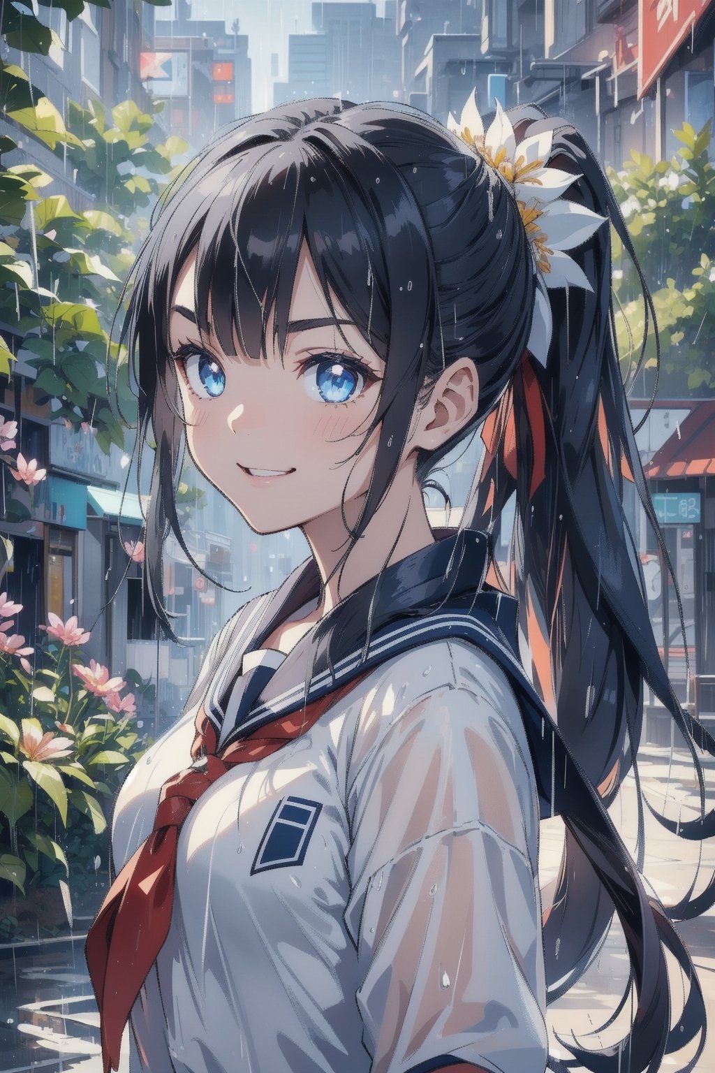 anime style beautiful woman, 1girl, (ponytail), black hair, (long hair), (smile), (beach), (outdoor, blue sky), ((rain)),   
Slender, skinny, (turime), thick eyebrows, 
(school uniform), (sailor uniform), ((red sailor tie)), (white sailor blouse), 
vibrant colors, sharp focus, best quality, depth of field, cinematic lighting, (illustration, 8k CG, extremely detailed), ultra-detailed, high resolution, firefliesfireflies, perfect light, 
stylish pose, 8k, very clear, highest quality, high resolution. best quality, illustration, sax blue, 1girl, cute, (dynamic lighting:1.2), cinematic lighting, delicate facial features, detailed eyes, sharp pupils, realistic pupils, depth of field, bokeh, sharp focus, (hyper-detailed, bloom, glow:1.4), many small gems