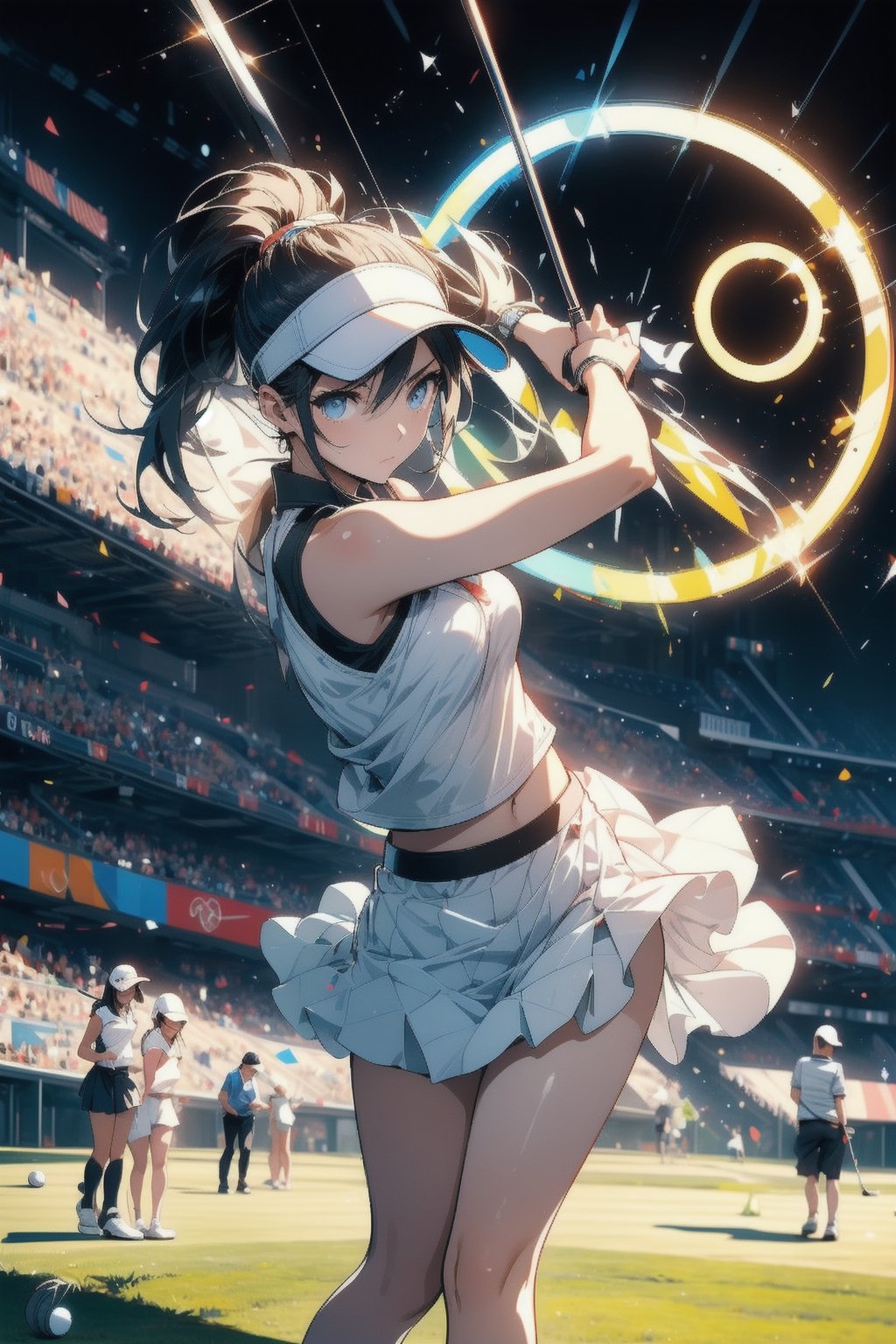 Paris Olympics, (((golf))), 
anime style beautiful woman, 1girl, (ponytail), black hair, (long hair), 
Slender, skinny, (turime), thick eyebrows, 
looking viewer, facing viewer, motion lines, stadium, olympic venues, 
 sports shorts, athletes uniforms, visor cap, polo shirt, sleeveless, skirt, 
 tight_clothes, 
((olympic rings symbol)), 
((bend forward)),((playing golf)), ((holding golf club)), ((golf course)), bent over, leaning forward, olympic rings, 
Olympic Stadium, stage, Midjourney,
