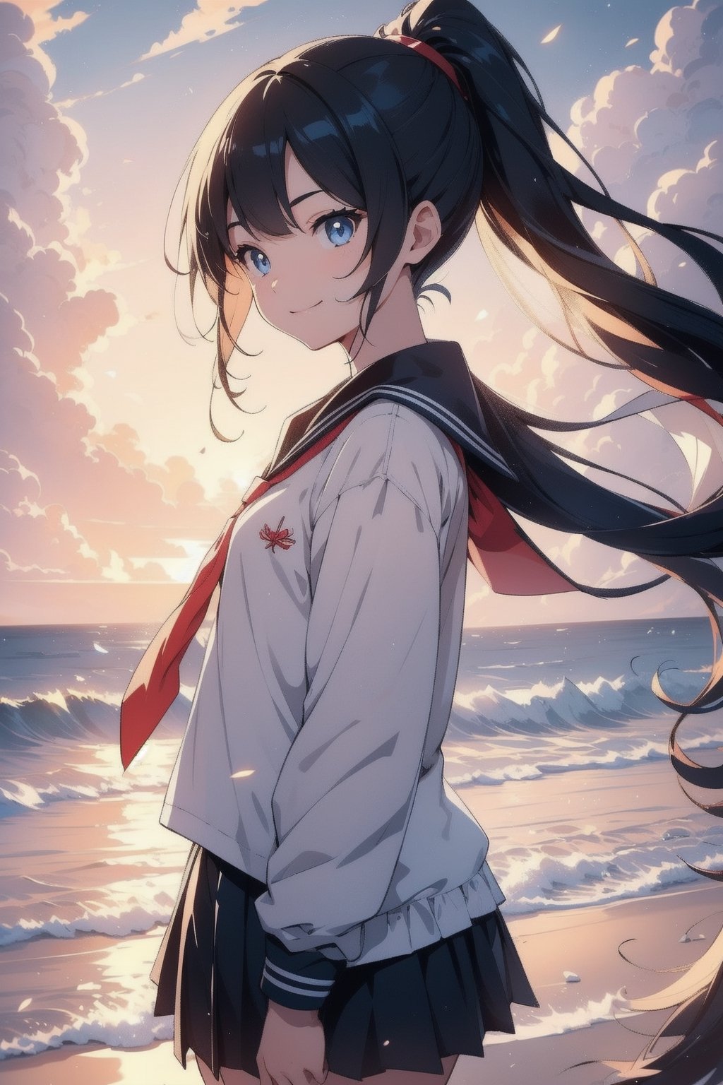 anime style beautiful woman, 1girl, (ponytail), black hair, (long hair), (smile), (beach), (A blanket of clouds stretching across the sky, diffusing sunlight and creating a soft, subdued atmosphere)),  
Slender, skinny, (turime), thick eyebrows, 
(school uniform), (sailor uniform), ((red sailor tie)), (white sailor blouse), 
vibrant colors, sharp focus, best quality, depth of field, cinematic lighting, (illustration, 8k CG, extremely detailed), ultra-detailed, high resolution, firefliesfireflies, perfect light, 
stylish pose, 8k, very clear, highest quality, high resolution. best quality, illustration, sax blue, 1girl, cute, (dynamic lighting:1.2), cinematic lighting, delicate facial features, detailed eyes, sharp pupils, realistic pupils, depth of field, bokeh, sharp focus, (hyper-detailed, bloom, glow:1.4), many small gems,Beautiful Beach,rain,niji,light