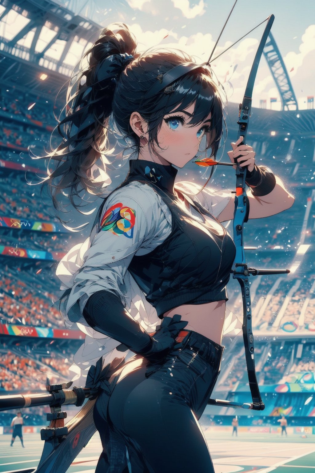 Paris Olympics, (((archery))), Olympic archery competition,
anime style beautiful woman, 1girl, (ponytail), black hair, (long hair), 
Slender, skinny, (turime), thick eyebrows, 

archery, arrow (projectile), blue pants, bow, (weapon), chest guard, long sleeves, playing sports, single glove, solo, stadium, visor cap, 
((bowstring)), holding bow , (weapon), holding arrow, aiming, fingerless gloves, player uniform, target in range, olympic games venue, 

((Olympic Stadium, crowd in distant stands, stadium, olympic venues)), 
,Midjourney,