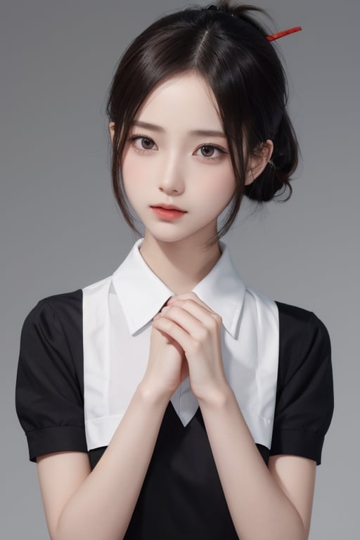 sad, beutiful woman, shinomiya kaguya, folded ponytail, forehead, hair ribbon, brown eyes, (red ribbon), ribbon, short hair, sidelocks, small breast ,black dress, dress, pinafore dress, school uniform, shirt, short sleeves, shuuchiin academy school uniform, white shirt, looking at viewer, best quality, high resolution, unity 8k wallpaper, illustration, beautiful detailed eyes, extremely detailed face, perfect lighting, extremely detailed CG, perfect hands, perfect anatomy,folded ponytail, high_school_girl, mai, 1girl,