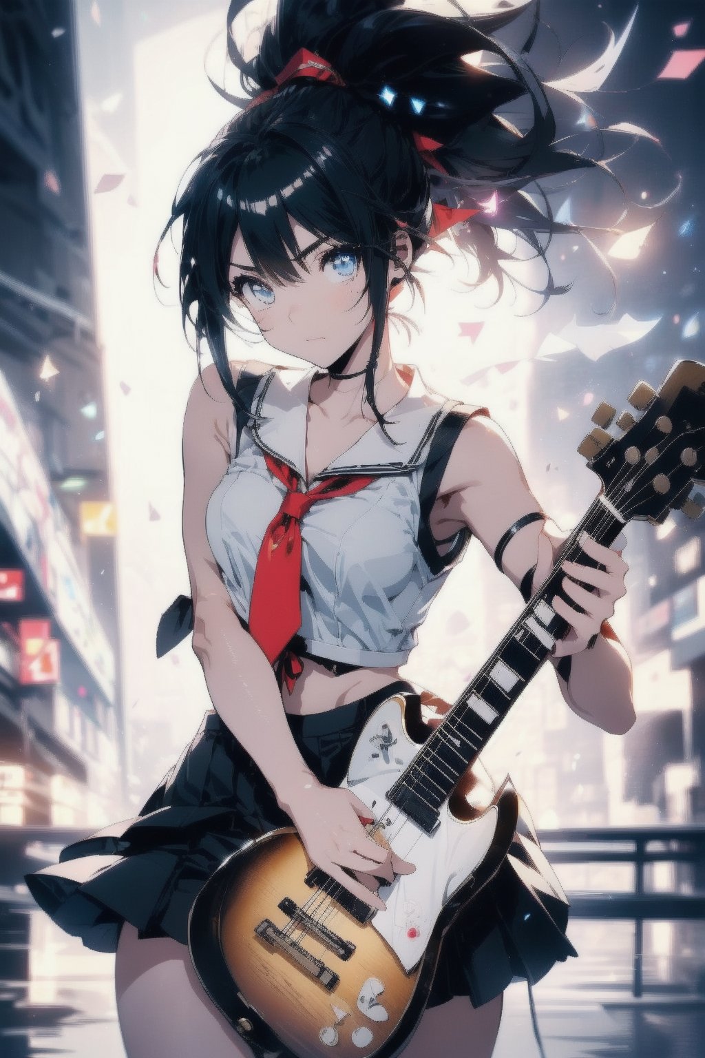 anime style beautiful woman, (1girl), (ponytail), black hair, (long hair), 
Slender, skinny, (turime), thick eyebrows, 
(school uniform), (sailor uniform), ((red sailor tie)), (white sailor blouse), cleavage cutout, navel,  sleeveless, bare shoulders, 
(((guitar, instrument, electric guitar, bass guitar, amplifier, gibson les paul, drum, acoustic guitar, speaker))), 
vibrant colors, sharp focus, best quality, depth of field, cinematic lighting, (illustration, 8k CG, extremely detailed), ultra-detailed, high resolution, firefliesfireflies, perfect light, 
stylish pose, 8k, very clear, highest quality, high resolution. best quality, illustration, sax blue, 1girl, cute, (dynamic lighting:1.2), cinematic lighting, delicate facial features, detailed eyes, sharp pupils, realistic pupils, depth of field, bokeh, sharp focus, (hyper-detailed, bloom, glow:1.4), many small gems