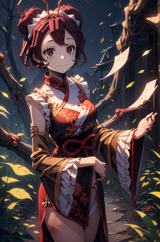 Entoma Vasilissa Zeta, girl, burgundy hair, short hair, twin buns, insect antennae, (((porcelain face, red-black eyes, black eyes scars))), 
Slender, skinny, chinese dress, maid hairband,
(masterpiece), (best quality), 8k illustration,
solo,1girl, maid dress, maid uniform, red theme, red outfit, red uniform, Chinese dress, Chinese theme outfit, Chinese pattern outfit, thick scar on her face, thick scar on her skin, Chinese hair ornament, Slender, skinny, flat chest, 
sleeves, large sleeves, (((China dress, huge sleeves, sleeves hide hands))), , (big sleeves, hands covered), looking at viewer, upper body,
light,detail,atmosphere,effects,color
forest, night, darkness, Magic Forest