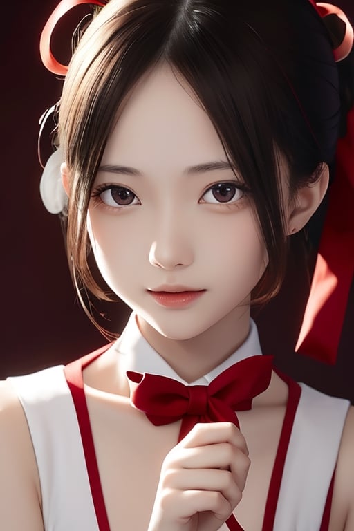 beutiful woman, shinomiya kaguya, folded ponytail, forehead, hair ribbon, brown eyes, (red ribbon), ribbon, short hair, sidelocks, small breast, , Woman dressed in Santa Claus costume, holding a gift, surrounded by gifts, looking at viewer, best quality, high resolution, unity 8k wallpaper, illustration, beautiful detailed eyes, extremely detailed face, perfect lighting, extremely detailed CG, perfect hands, perfect anatomy,folded ponytail, high_school_girl, mai, 1girl, upper body,
