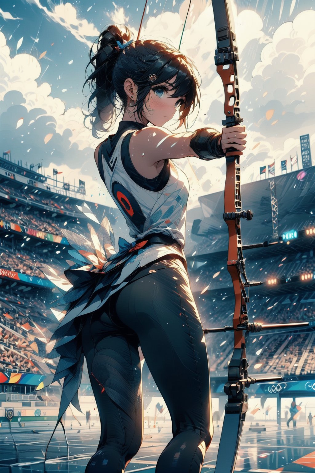 Paris Olympics, (((archery))), Olympic archery competition,
anime style beautiful woman, 1girl, (ponytail), black hair, (long hair), 
Slender, skinny, (turime), thick eyebrows, 

archery, arrow, (projectile), blue pants, bow, (weapon), chest guard, long sleeves, playing sports, single glove, solo, stadium, visor cap, 
((bowstring)), holding bow , (weapon), holding arrow, aiming, fingerless gloves, player uniform, target in range, olympic games venue, 

((Olympic Stadium, crowd in distant stands, stadium, olympic venues)), 
,Midjourney,