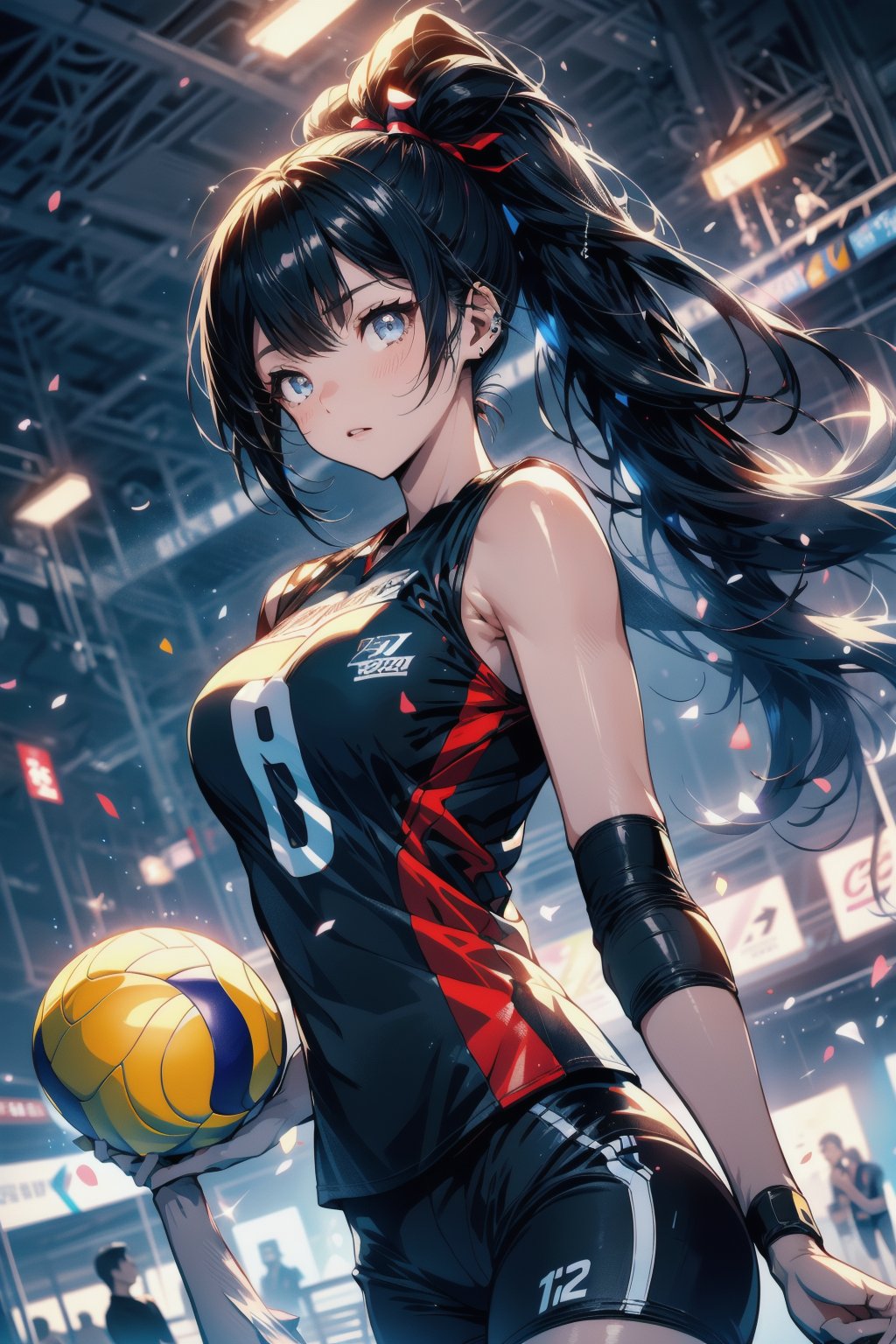 Paris Olympics, (((volleyball)))
anime style beautiful woman, 1girl, (ponytail), black hair, (long hair), 
Slender, skinny, (turime), thick eyebrows, 
volleyball uniform, blue uniform, (wet), tight_clothes, 
((Spikking a volleyball)), 
Olympic Stadium, (valleyball court), valleyball net, 
vibrant colors, sharp focus, best quality, depth of field, cinematic lighting, (illustration, 8k CG, extremely detailed), ultra-detailed, high resolution, firefliesfireflies, perfect light, 
8k, very clear, highest quality, high resolution. best quality, illustration, sax blue, 1girl, cute, (dynamic lighting:1.2), cinematic lighting, delicate facial features, detailed eyes, sharp pupils, realistic pupils, depth of field, bokeh, sharp focus, (hyper-detailed, bloom, glow:1.4), many small gems,girl,Midjourney,volleyball uniform