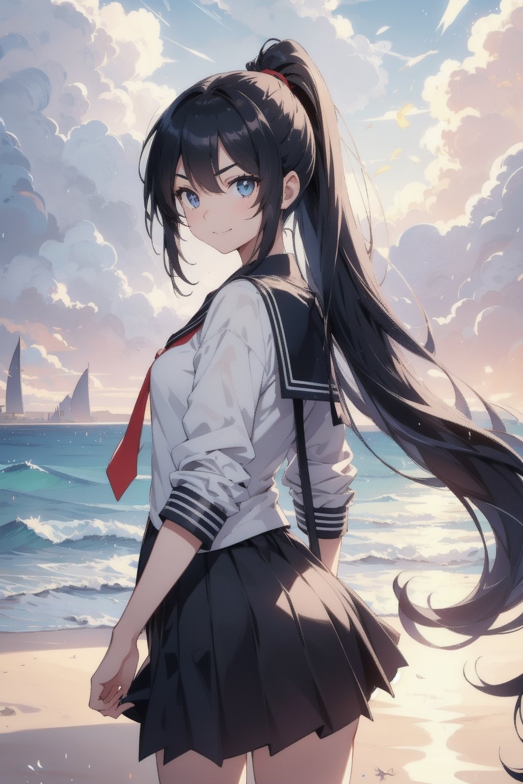 anime style beautiful woman, 1girl, (ponytail), black hair, (long hair), (smile), (beach), (A blanket of clouds stretching across the sky, diffusing sunlight and creating a soft, subdued atmosphere)),  
Slender, skinny, (turime), thick eyebrows, 
(school uniform), (sailor uniform), ((red sailor tie)), (white sailor blouse), 
vibrant colors, sharp focus, best quality, depth of field, cinematic lighting, (illustration, 8k CG, extremely detailed), ultra-detailed, high resolution, firefliesfireflies, perfect light, 
stylish pose, 8k, very clear, highest quality, high resolution. best quality, illustration, sax blue, 1girl, cute, (dynamic lighting:1.2), cinematic lighting, delicate facial features, detailed eyes, sharp pupils, realistic pupils, depth of field, bokeh, sharp focus, (hyper-detailed, bloom, glow:1.4), many small gems,Beautiful Beach,rain,niji