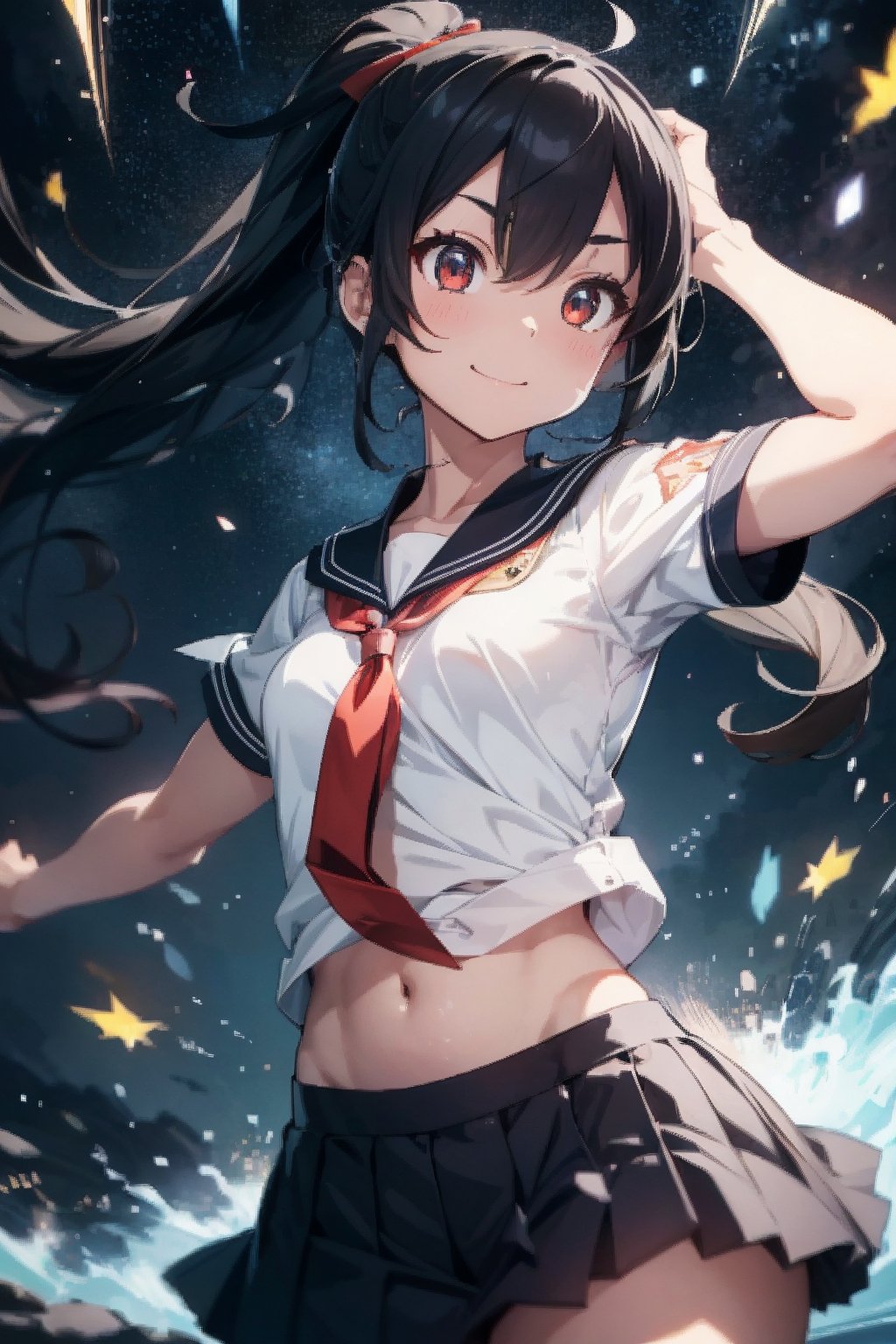 anime style beautiful woman, 1girl, (ponytail), black hair, (long hair), 
(smile), 
Slender, skinny, (turime), thick eyebrows, 
(school uniform), (sailor uniform), ((red sailor tie)), (white sailor blouse), 
(((abs))), ((rushpunch, punching, clenched hands, oreshortening, incoming attack, aura, afterimage, motion lines, speed lines, motion_blur,  energy, glowing,)), ((((punching, fighting stance, motion blur, speed line))), 
vibrant colors, sharp focus, best quality, depth of field, cinematic lighting, (illustration, 8k CG, extremely detailed), ultra-detailed, high resolution, firefliesfireflies, perfect light, 
stylish pose, 8k, very clear, highest quality, high resolution. best quality, illustration, sax blue, 1girl, cute, (dynamic lighting:1.2), cinematic lighting, delicate facial features, detailed eyes, sharp pupils, realistic pupils, depth of field, bokeh, sharp focus, (hyper-detailed, bloom, glow:1.4), many small gems,glowing gold,rushpunch,breakdomain