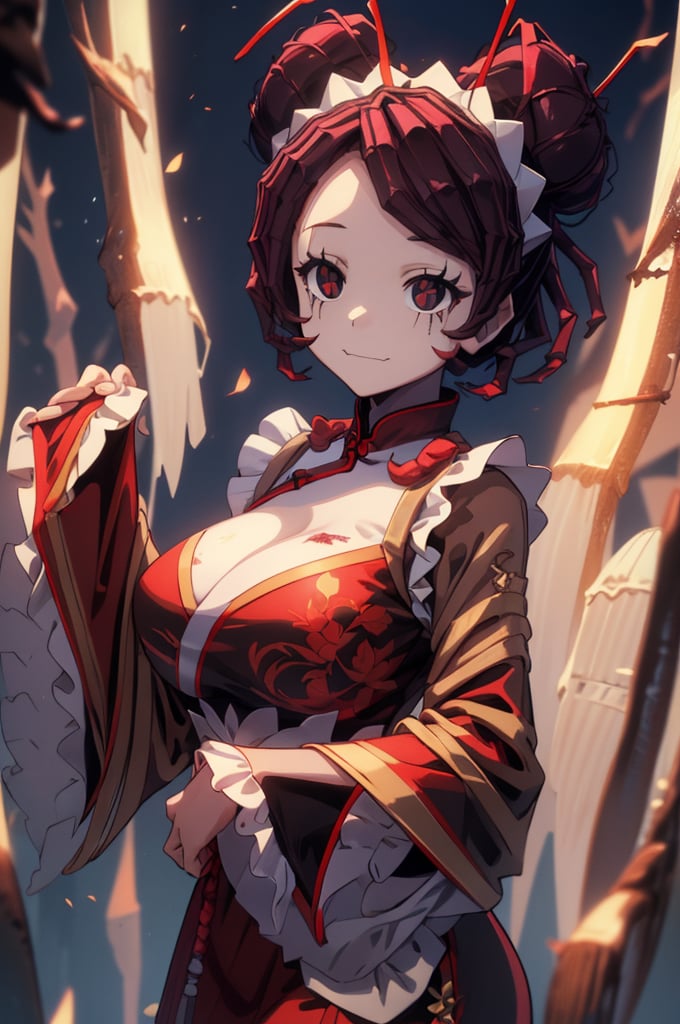 Entoma Vasilissa Zeta, girl, burgundy hair, short hair, twin buns, insect antennae, (((porcelain face, red-black eyes, black eyes scars))), 
Slender, skinny, chinese dress, maid hairband,
(masterpiece), (best quality), 8k illustration,
solo,1girl, maid dress, maid uniform, red theme, red outfit, red uniform, Chinese dress, Chinese theme outfit, Chinese pattern outfit, thick scar on her face, thick scar on her skin, Chinese hair ornament, Slender, skinny, flat chest, 
sleeves, large sleeves, (((China dress, huge sleeves, sleeves hide hands))), , (big sleeves), arms up, looking at viewer, upper body,
light,detail,atmosphere,effects,color
forest, night, darkness, Magic Forest