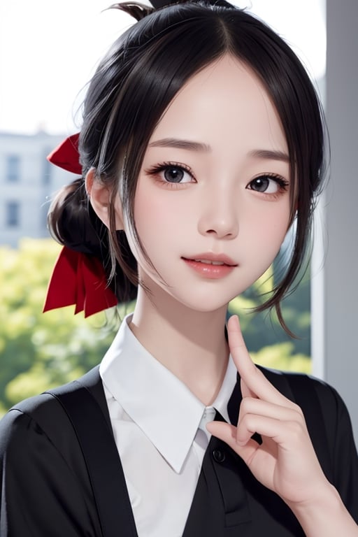 emotionless, smile, beutiful woman, shinomiya kaguya, folded ponytail, forehead, hair ribbon, brown eyes, (red ribbon), ribbon, short hair, sidelocks, small breast ,black dress, dress, pinafore dress, school uniform, shirt, short sleeves, shuuchiin academy school uniform, white shirt, looking at viewer, best quality, high resolution, unity 8k wallpaper, illustration, beautiful detailed eyes, extremely detailed face, perfect lighting, extremely detailed CG, perfect hands, perfect anatomy,folded ponytail, high_school_girl, mai, 1girl, face 